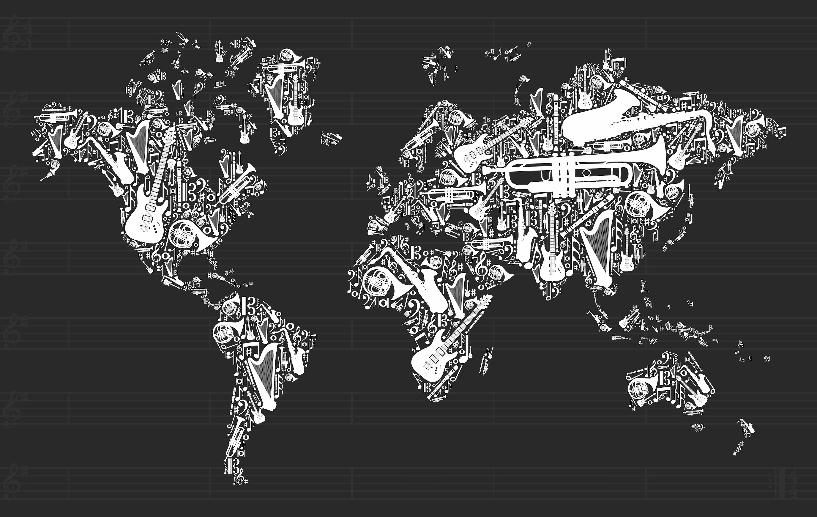 Weltkarte Auf Musikinstrumenten  Tapete