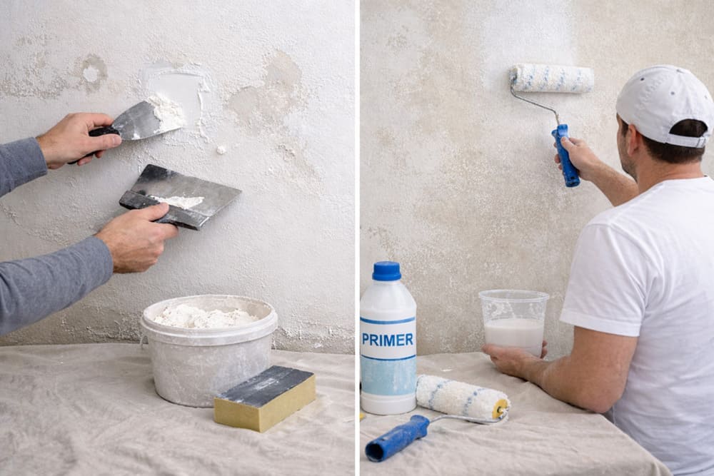 Vorbereitung einer Wand zum Tapezieren durch Ausbessern und Abschleifen der Oberfläche