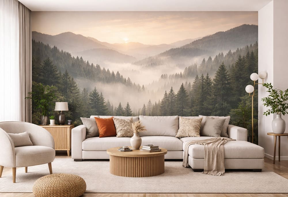 Maßgefertigte 3D-Fototapete an einer Wohnzimmerwand - 3dfototapete.de